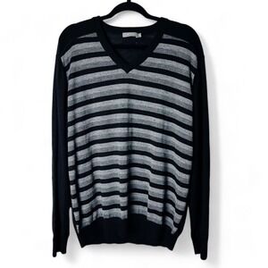 MFH Men's Striped V Neck Sweater Alpaca Merino Wool Blend Black & Gray - Sz. XL